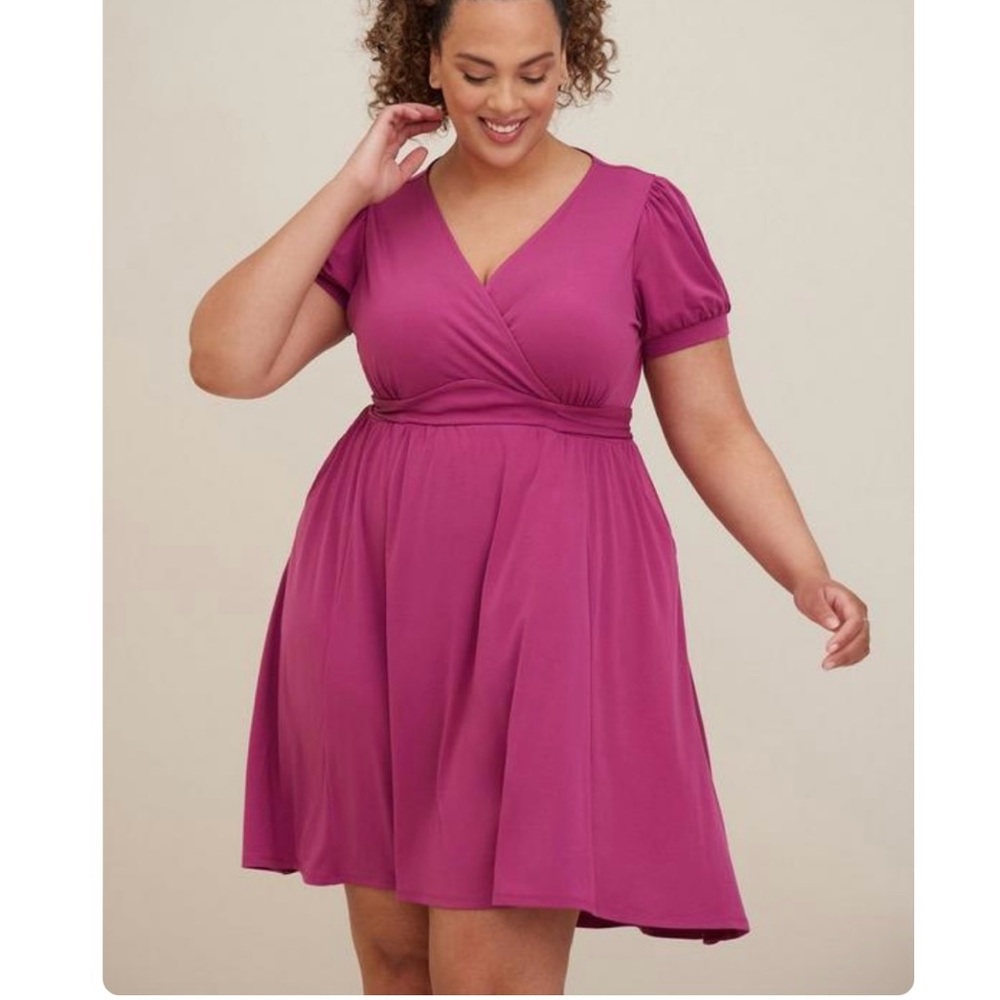 Torrid Pink Studio Knit Surplice Tie Back Puff Sleeve Pockets‎ Dress Size 3X